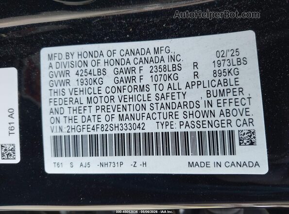 2HGFE4F82SH333042 2025 HONDA CIVIC HYBRID Черный Вид подкапотного пространства
