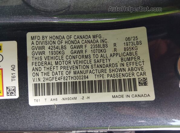 2HGFE4F82TH300284 2026 HONDA CIVIC HYBRID Серый Вид подкапотного пространства