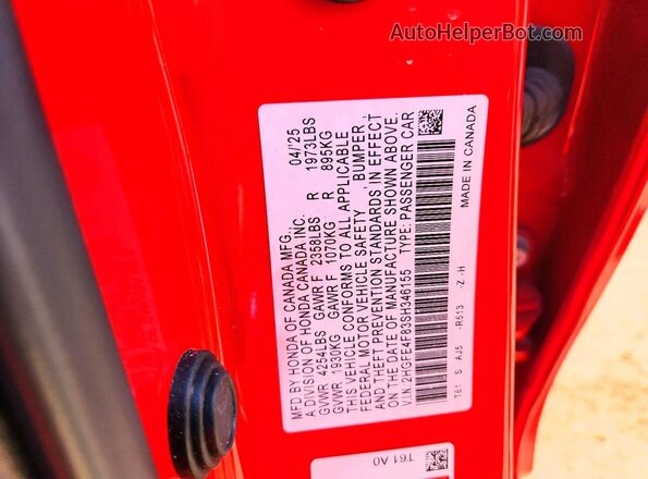 2HGFE4F83SH346155 2025 HONDA CIVIC Red Շարժիչի բաժամունքի տեսք