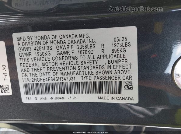 2HGFE4F84SH347931 2025 HONDA CIVIC HYBRID Серый Вид подкапотного пространства