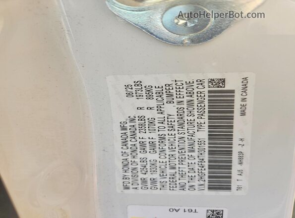 2HGFE4F84TH301551 2026 HONDA CIVIC White Vista del compartimento del motor