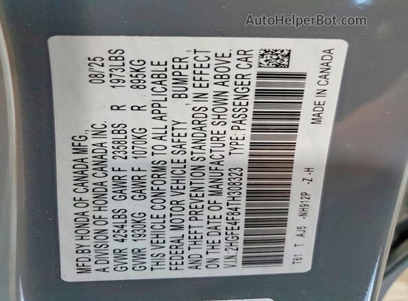 2HGFE4F84TH308323 2026 HONDA CIVIC Серый Вид наклейки с VIN-кодом