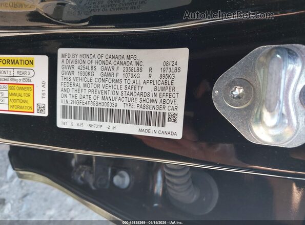 2HGFE4F85SH305039 2025 HONDA CIVIC HYBRID Black Engine compartment view