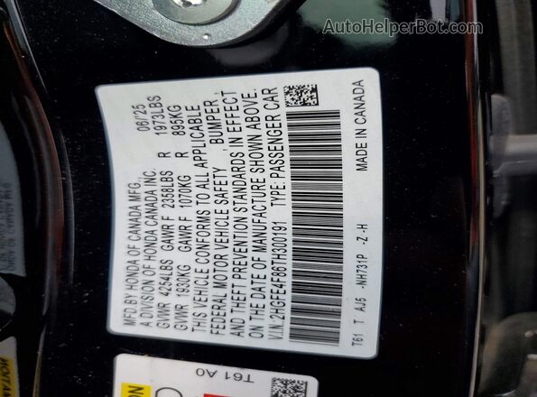 2HGFE4F86TH300191 2026 HONDA CIVIC Black Widok naklejki z numerem VIN