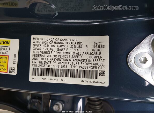 2HGFE4F87TH312978 2026 HONDA CIVIC HYBRID Синий Вид подкапотного пространства
