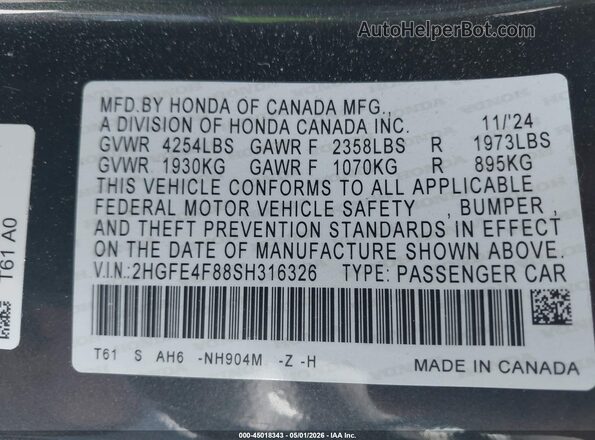 2HGFE4F88SH316326 2025 HONDA CIVIC HYBRID Серый Вид подкапотного пространства