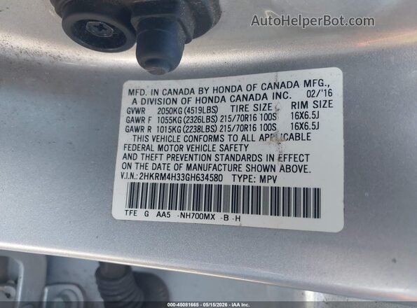 2HKRM4H33GH634580 2016 HONDA CR-V Silver Widok komory silnika