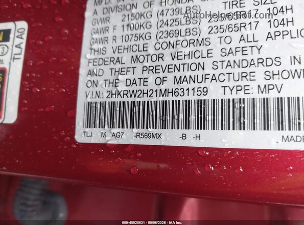 2HKRW2H21MH631159 2021 HONDA CR-V Красный Вид подкапотного пространства