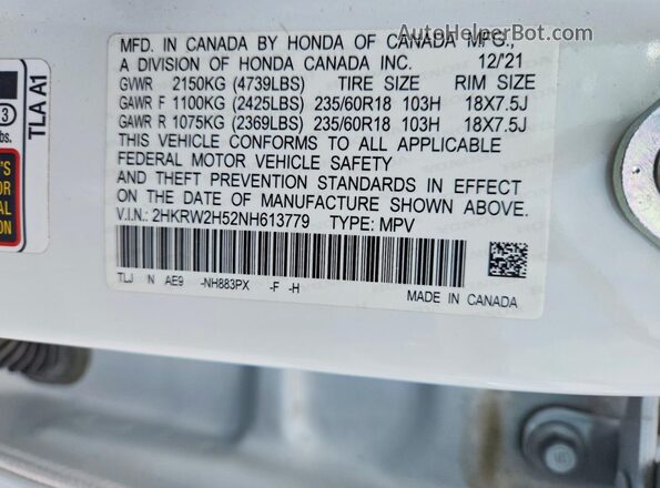 2HKRW2H52NH613779 2022 HONDA CR-V White Widok naklejki z numerem VIN