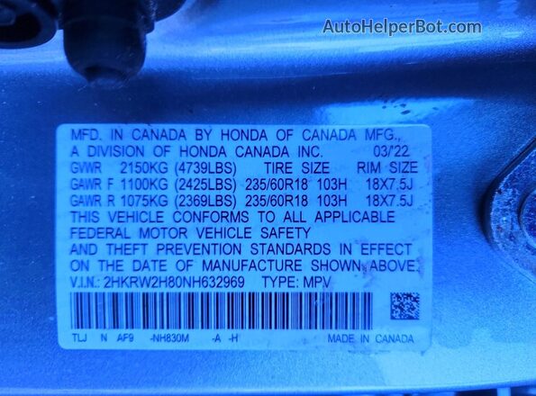 2HKRW2H80NH632969 2022 HONDA CR-V Серебряный Вид наклейки с VIN-кодом