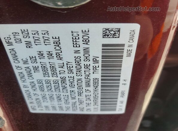 2HKRW5H31KH405839 2019 HONDA CR-V Бордовый Вид наклейки с VIN-кодом