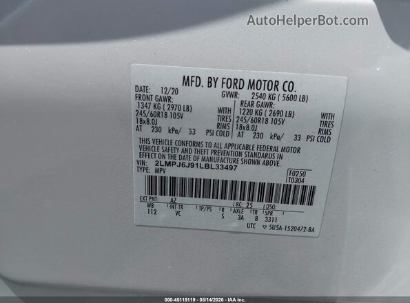 2LMPJ6J91LBL33497 2020 LINCOLN NAUTILUS White Widok komory silnika