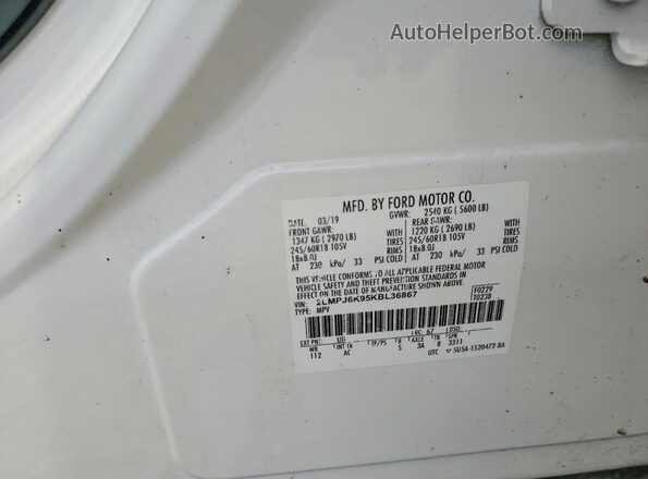 2LMPJ6K95KBL36867 2019 LINCOLN NAUTILUS White Widok naklejki z numerem VIN