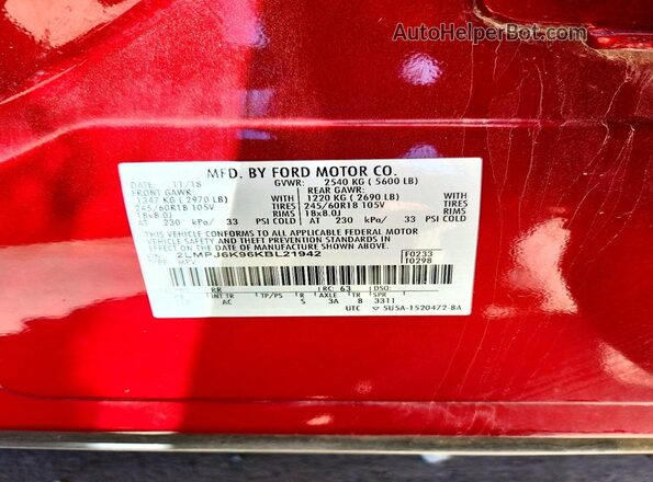2LMPJ6K96KBL21942 2019 LINCOLN NAUTILUS Red VIN sticker view