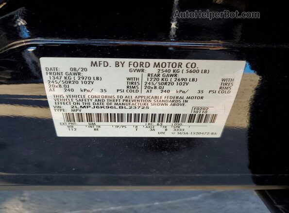 2LMPJ6K96LBL23725 2020 LINCOLN NAUTILUS Black Widok naklejki z numerem VIN