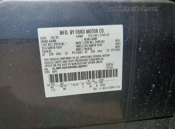 2LMPJ6K96NBL02991 2022 LINCOLN NAUTILUS Gray Widok naklejki z numerem VIN