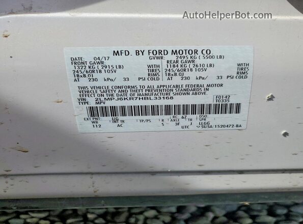 2LMPJ6KR7HBL33168 2017 LINCOLN MKX White Vista de la etiqueta del VIN
