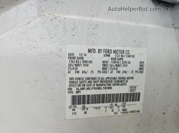 2LMPJ6LP5HBL18388 2017 LINCOLN MKX White Вид наклейки з VIN-кодом