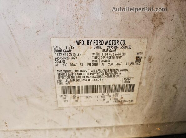 2LMPJ6LR5GBL44084 2016 LINCOLN MKX Белый Вид наклейки с VIN-кодом