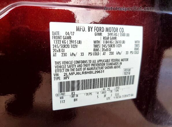 2LMPJ6LR8HBL29631 2017 LINCOLN MKX Бордовый Вид наклейки с VIN-кодом