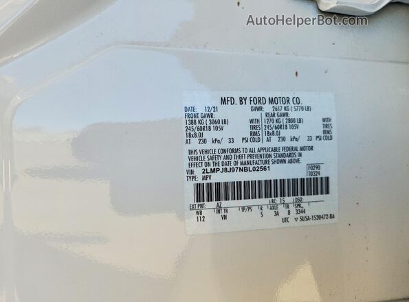2LMPJ8J97NBL02561 2022 LINCOLN NAUTILUS White Vista interior de 360 grados