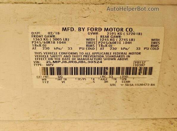 2LMPJ8JR6JBL30524 2018 LINCOLN MKX Белый Вид наклейки с VIN-кодом