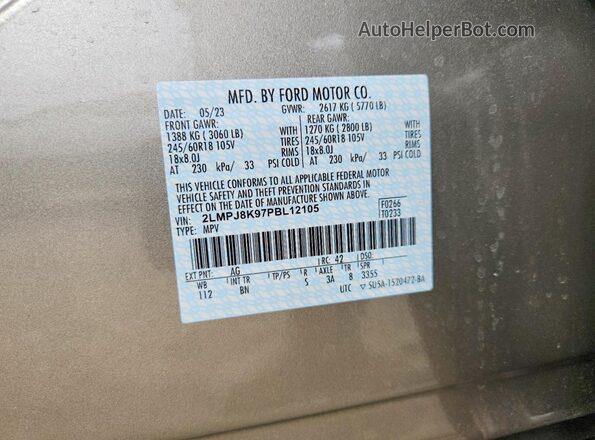2LMPJ8K97PBL12105 2023 LINCOLN NAUTILUS Beige VIN sticker view