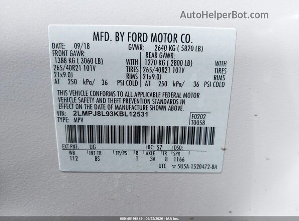 2LMPJ8L93KBL12531 2019 LINCOLN NAUTILUS Белый Вид подкапотного пространства