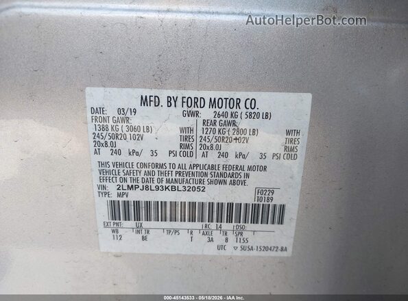 2LMPJ8L93KBL32052 2019 LINCOLN NAUTILUS Silver Շարժիչի բաժամունքի տեսք