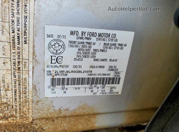2LMPJ8LR0GBL21078 2016 LINCOLN MKX Серебряный Вид наклейки с VIN-кодом
