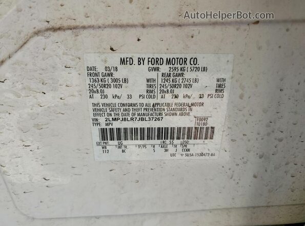 2LMPJ8LR7JBL37267 2018 LINCOLN MKX White VIN կոդի պիտակի տեսք