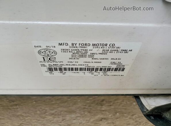 2LMPJ8LR9JBL39375 2018 LINCOLN MKX White VIN კოდის სტიკერის ხედი