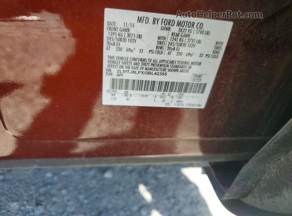 2LMTJ8LPXGBL42355 2016 LINCOLN MKX Темно-бордовый Вид наклейки с VIN-кодом