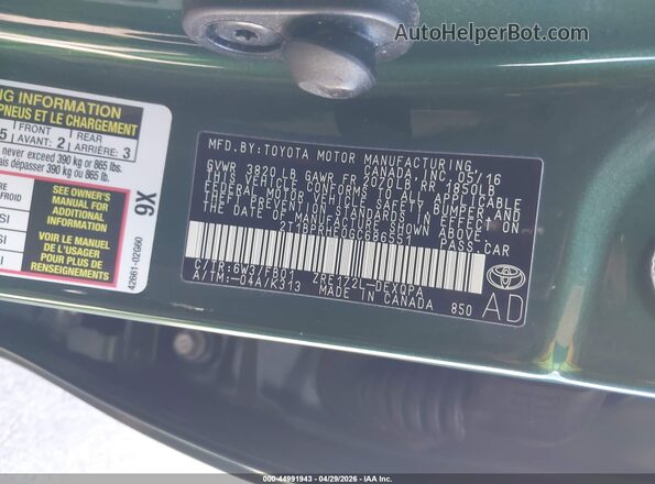 2T1BPRHE0GC686551 2016 TOYOTA LL Green Вид підкапотного простору