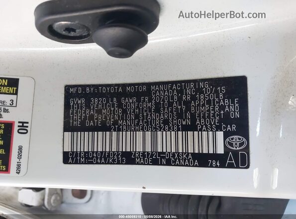 2T1BURHE0GC528381 2016 TOYOTA LL White Widok komory silnika