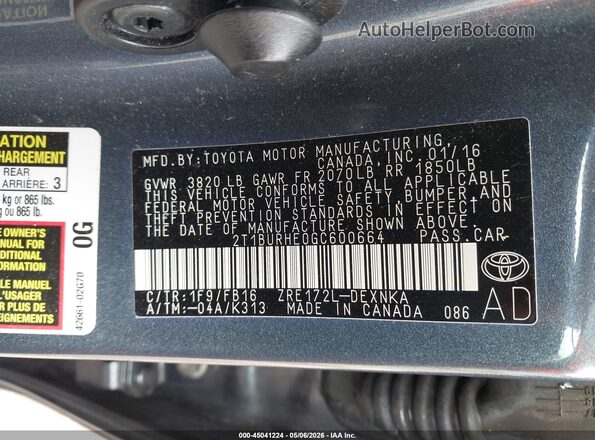 2T1BURHE0GC600664 2016 TOYOTA LL Blue Вид підкапотного простору