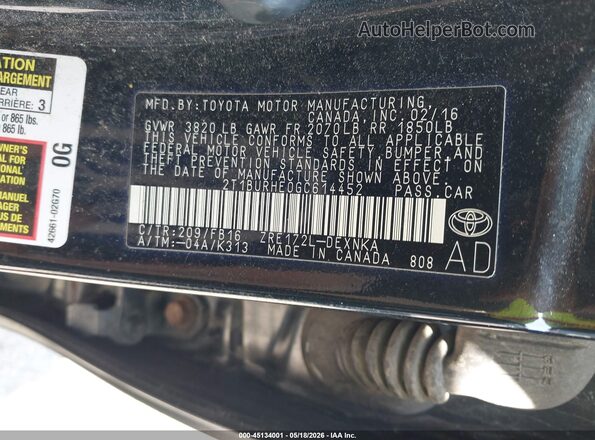 2T1BURHE0GC614452 2016 TOYOTA COROLLA Черный Вид подкапотного пространства