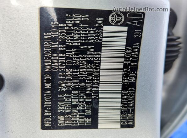 2T1BURHE0HC774980 2017 TOYOTA COROLLA Серебряный Вид наклейки с VIN-кодом