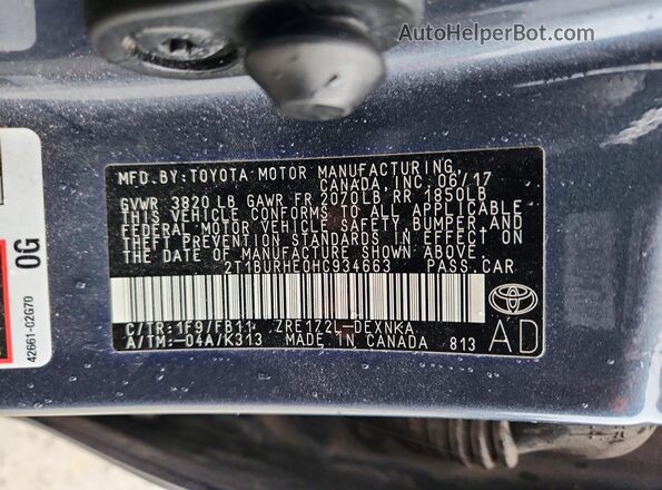 2T1BURHE0HC934663 2017 TOYOTA COROLLA Серый Вид наклейки с VIN-кодом