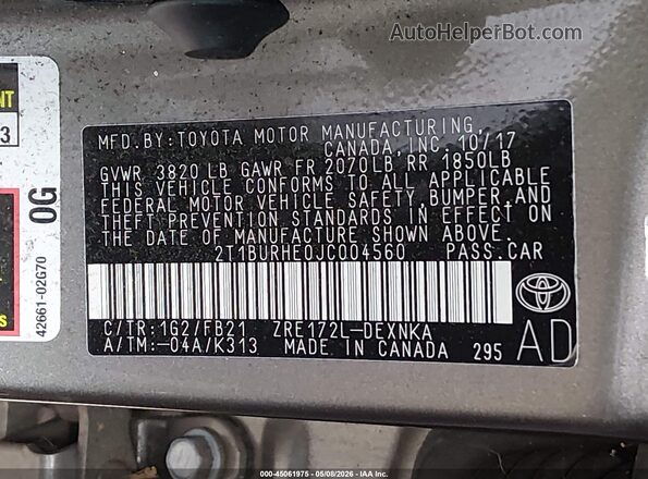 2T1BURHE0JC004560 2018 TOYOTA LL Серый Вид подкапотного пространства
