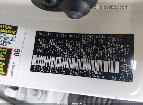 2T1BURHE0JC966034 2018 TOYOTA COROLLA White Vista del compartimento del motor