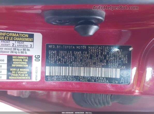 2T1BURHE0JC980466 2018 TOYOTA LL Красный Вид подкапотного пространства