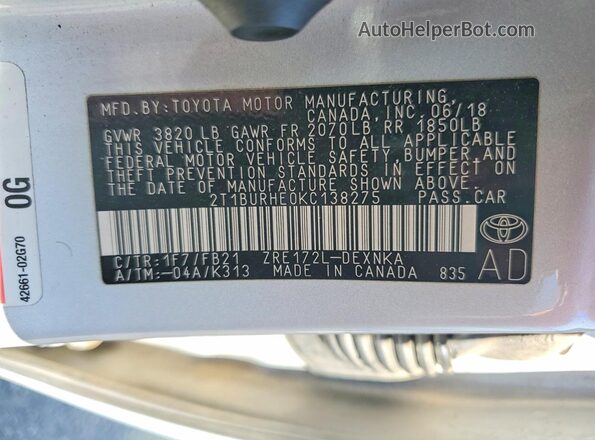 2T1BURHE0KC138275 2019 TOYOTA COROLLA Серебряный Вид наклейки с VIN-кодом