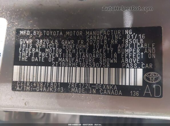 2T1BURHE1GC590758 2016 TOYOTA LL Gray Вид підкапотного простору