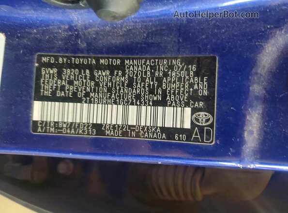 2T1BURHE1GC714334 2016 TOYOTA COROLLA Blue Вид підкапотного простору