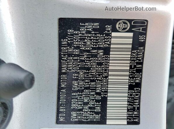 2T1BURHE1KC202033 2019 TOYOTA COROLLA Silver Вид підкапотного простору