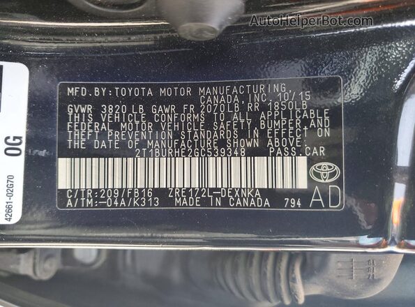 2T1BURHE2GC539348 2016 TOYOTA LL Черный Вид наклейки с VIN-кодом