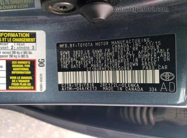 2T1BURHE2GC550883 2016 TOYOTA COROLLA Серый Вид подкапотного пространства