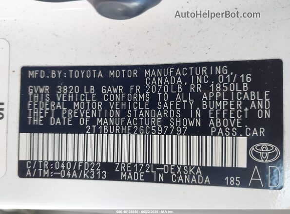 2T1BURHE2GC597797 2016 TOYOTA COROLLA White Շարժիչի բաժամունքի տեսք