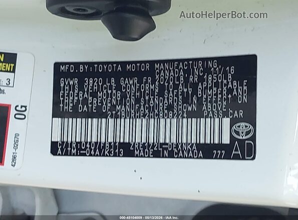 2T1BURHE2HC808224 2017 TOYOTA LL White Widok komory silnika